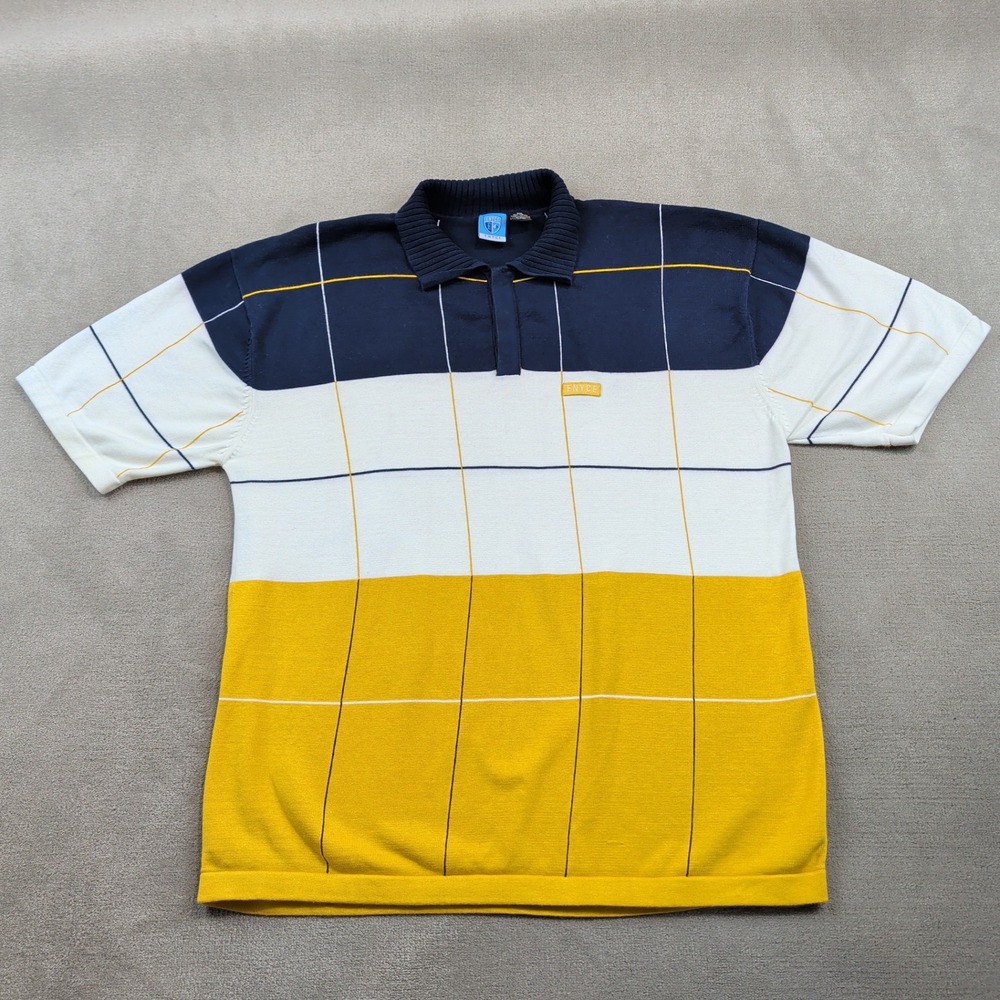 Enyce Vintage Size XXL Mens Colorblock Grid Knit Polo Shirt Navy White Yellow